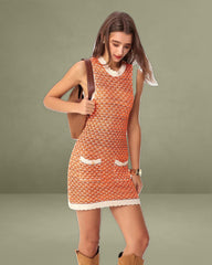 Orange Contrasting Round Neck Sweater Dress