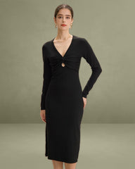 Black V Neck Cut Out Bodycon Sweater Dress