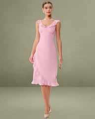 Pink V Neck Ruffle Sleeveless Midi Dress