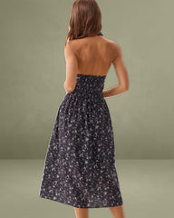 Black Floral Shirred Backless Midi Dress