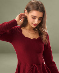 Wine Red A-Line Sweater Dress
