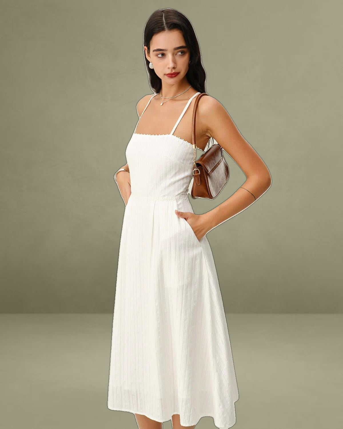 White Pocket A-Line Slip Midi Dress
