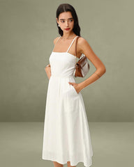 White Pocket A-Line Slip Midi Dress