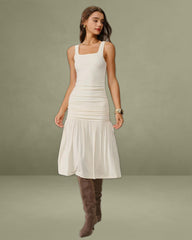 Beige Ruched A-Line Slip Midi Dress