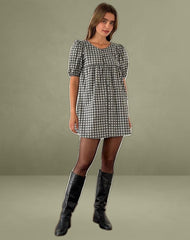 Cybera Mini Dress in Tonal Gingham Black and Grey