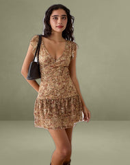 Lotri Wrap Mini Dress in Cluster Floral Brown