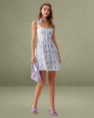 Blue Floral Square Neck Slip Mini Dress