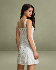 White Floral Square Neck Slip Mini Dress