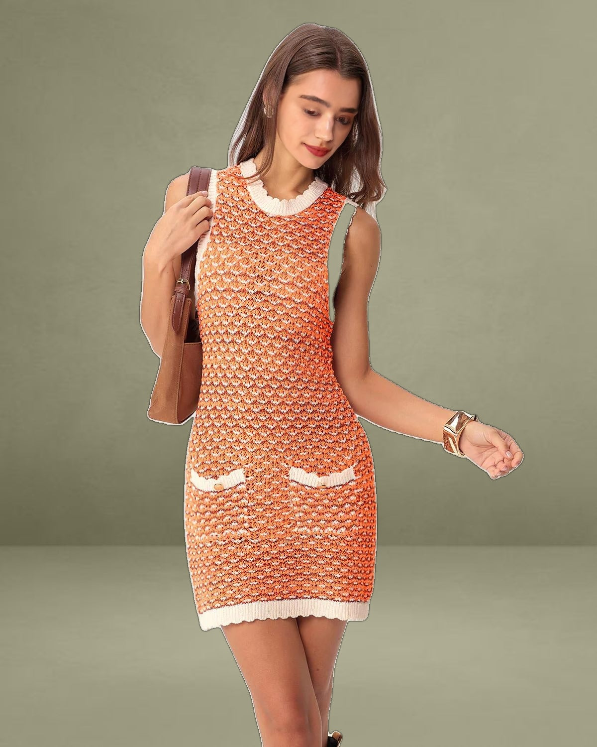 Orange Contrasting Round Neck Sweater Dress