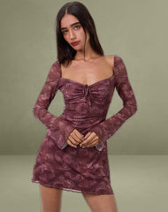 Modena Long Sleeve Mini Dress in Tonal Paisley Plum