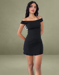 Chana Off Shoulder Mini Dress in Black Rib with Lace Trim