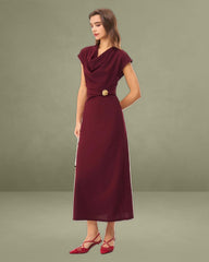 Wine Red Satin Boat Neck Maxi Dress