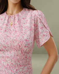 Pink Floral Round Neck Pleated Mini Dress