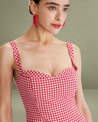 Red Plaid Sweetheart Neck Slip Mini Dress