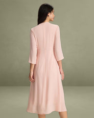 Pink V-Neck Pleated Midi Dress