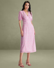 Pink Plaid V-Neck Midi Dress