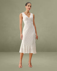 Beige Polka Dot V-Neck Midi Dress