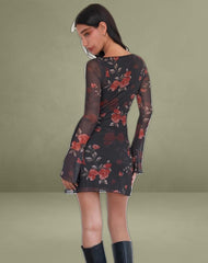 Sevila Long Sleeve Mini Dress in Black Watercolour Rose