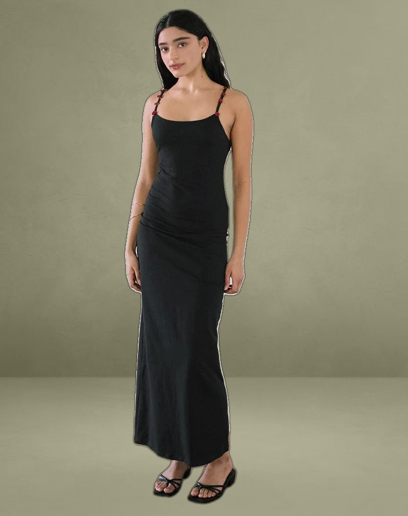 Cantana Maxi Dress in Black with Red Rosette