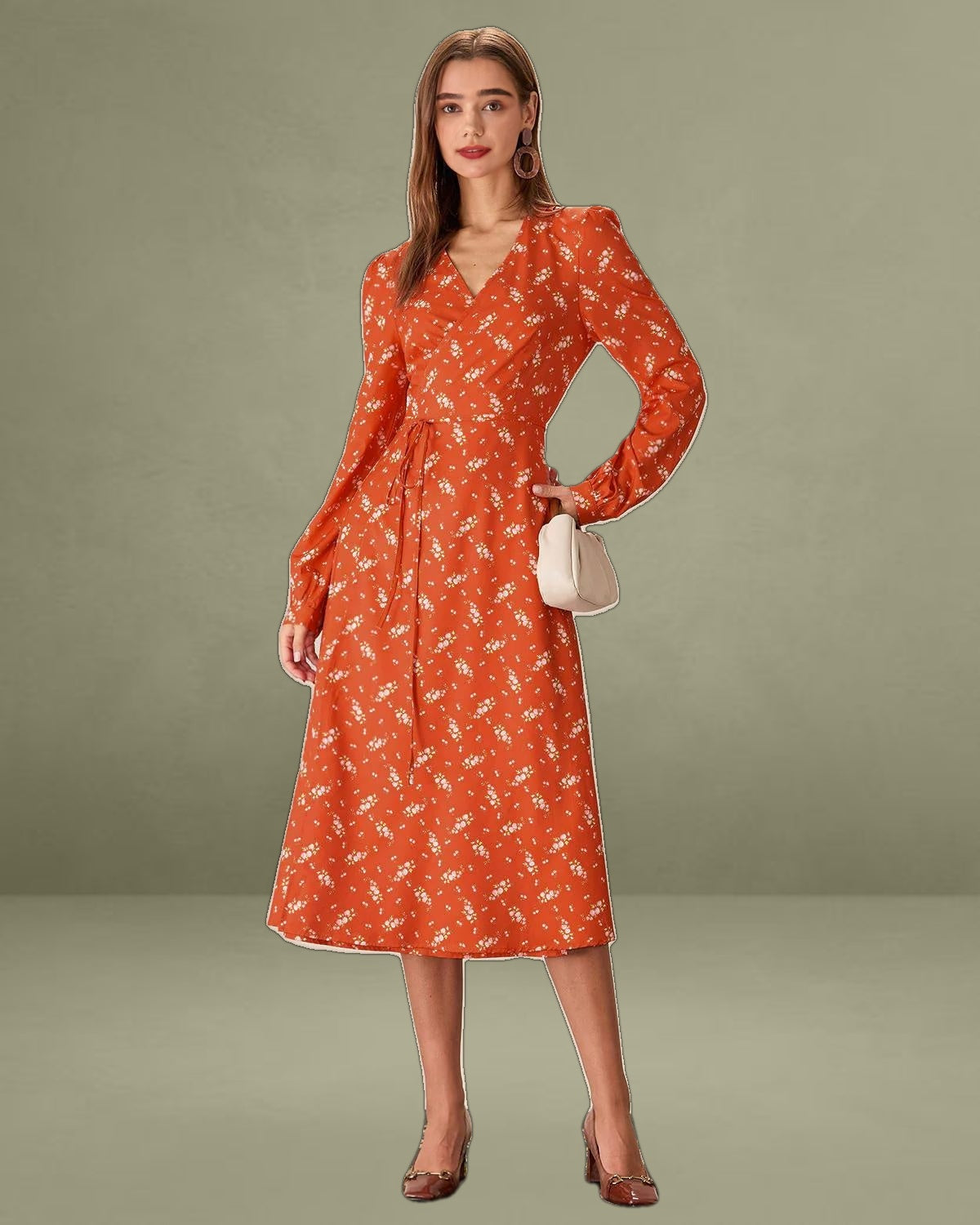 Orange Floral Wrap Midi Dress