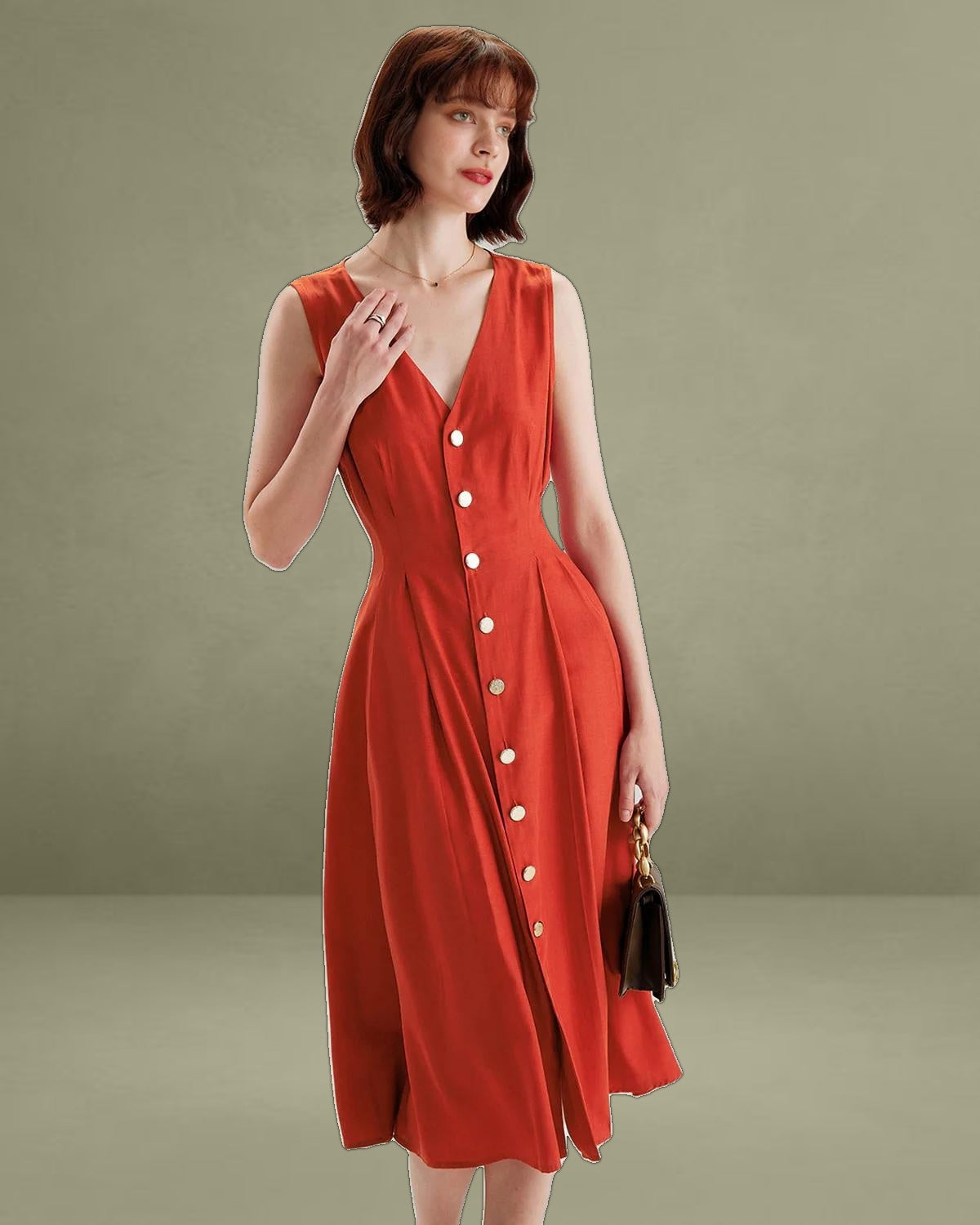Red V-neck Button Sleeveless Midi Dress