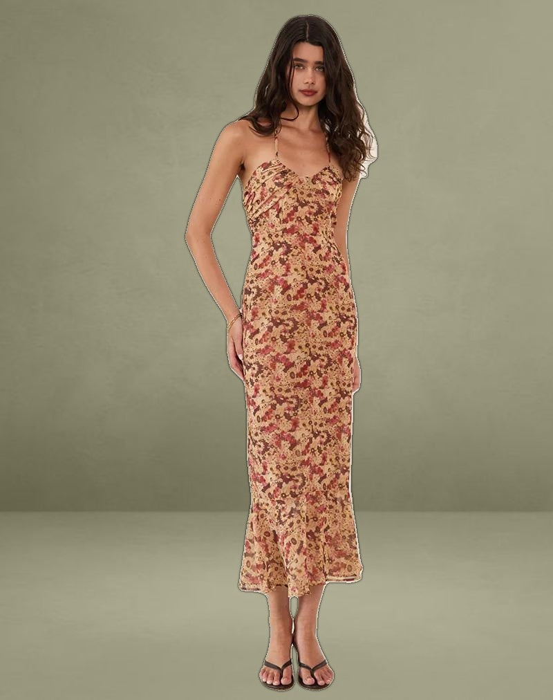 Alette Halterneck Maxi Dress in Chiffon Rusty Flower