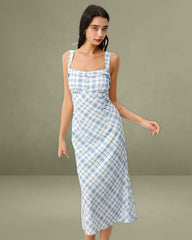Blue Plaid Square Neck Slip Midi Dress