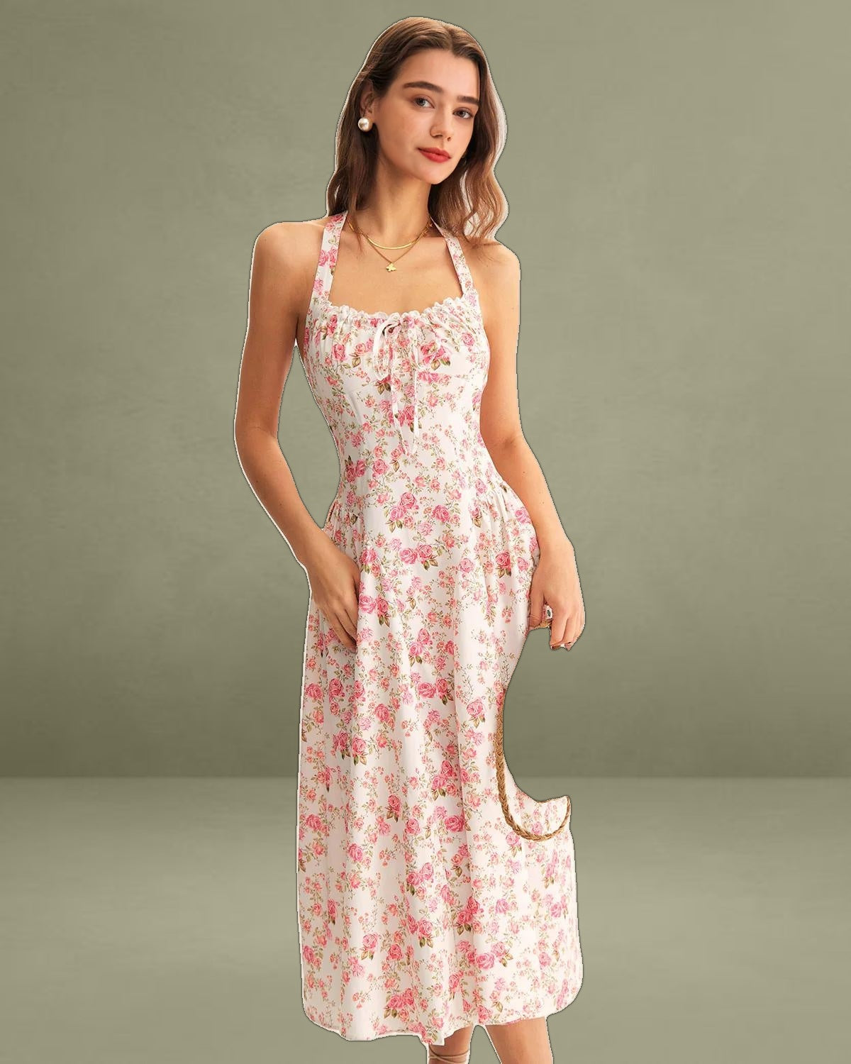 Pink Floral Halter Midi Dress