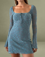 Tatyana Mini Dress in Grunge Floral Blue Grey