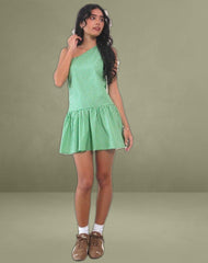 Munasa One Shoulder Mini Dress in Mini Gingham Green