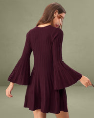 Purple A-Line Bell Sleeve Sweater Dress