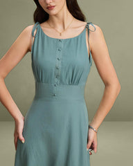 Green Boat Neck Backless Slip Midi Dress