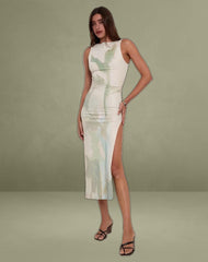 Flo Midi Dress in Abstract Painted Flower Blue