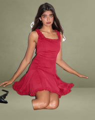 Fulvia Slip Mini Dress with Ruffles in Deep Red