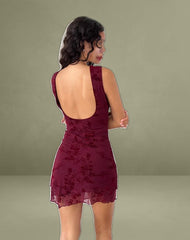 Renata Mini Dress in Flocked Botanical Flower Maroon