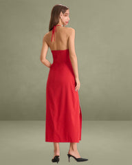 Women's Red Shirred Halter Maxi Dress