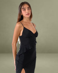 Jacy Ruffle Midi Dress in Mesh Black