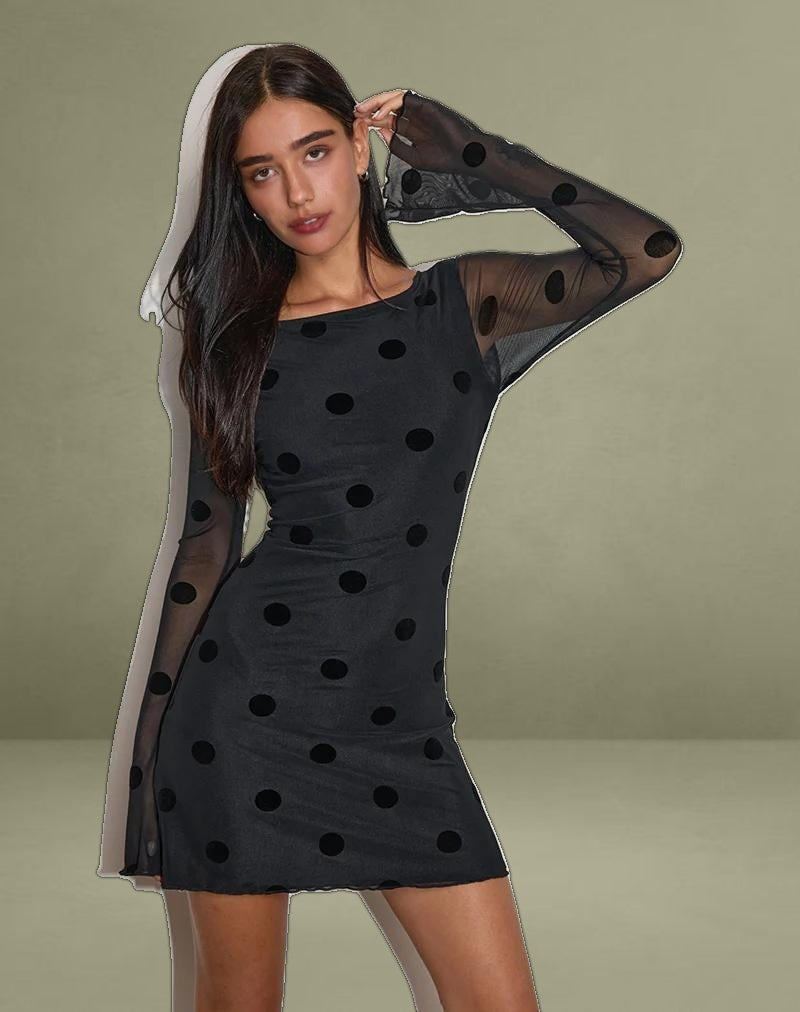Dasa Long Sleeve Mini Dress in Big Polka Flock Black