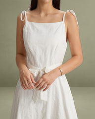 White Textured Square Neck Slip Midi Dress