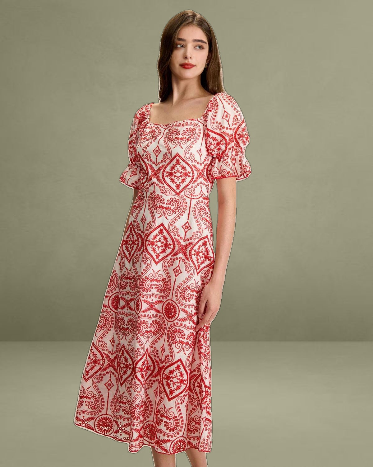 Women's Geometric Embroidery Ruffle Cotton Midi Dress