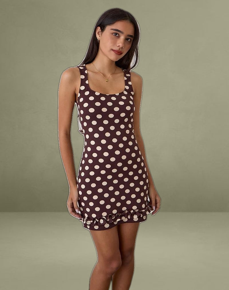 Vadora Frill Hem Mini Dress in Brown with Big Polka Cream