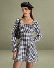 Navy Square Neck Plaid Mini Dress