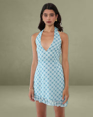 Alira Halterneck Dress in Blurred Check Blue