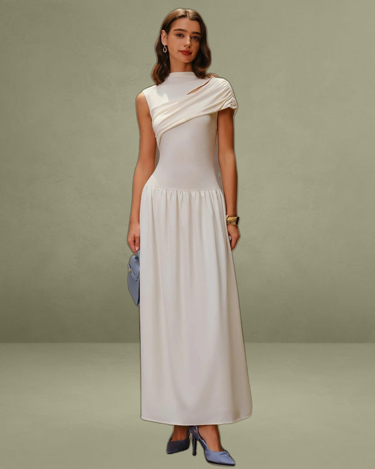 Beige Ruched Cap Sleeve Maxi Dress