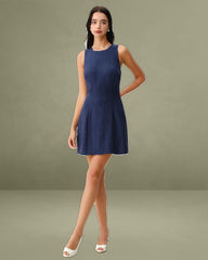 Blue Round Neck Zipper Sleeveless Mini Dress