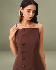 Brown Button Pleated Slip Mini Dress