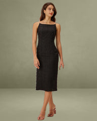 Black Textured Bodycon Beaded Strap Midi Dress