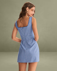 Blue Plaid Square Neck Slip Mini Dress