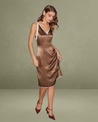 Brown Contrasting V Neck Satin Midi Dress