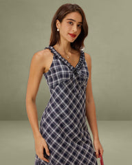 Blue Plaid V Neck Slip Maxi Dress